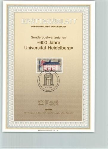 Ersttagsblatt 600 Jahre Universität Heidelberg 1986 Format TK 87