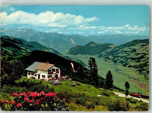 Kaltenbach Alpengasthaus Kaltenbacher Skihütte Blick ins Zillertal und Inntal mit Rofangebirge Hüttenstempel