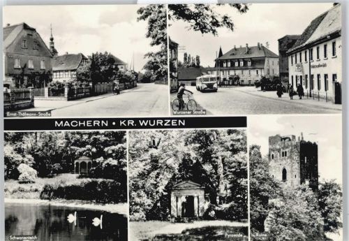 04827 O7254 Machern b Wurzen - Ernst-Thälmann-Straße Wurzener Straße Teich Schwan Auto Fahrrad