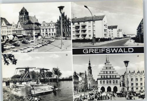 Greifswald Rathaus Brücke Auto Schiff Laterne