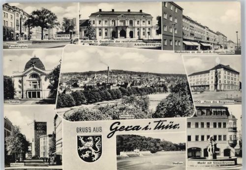 Gera Puschkinplatz, Museum, Gaststätte Haus des Bergmanns, Theater, Stadion, Markt