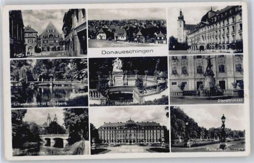 Donaueschingen Schloß, Dianabrunnen, Kirche, Schützenbrücke, Donauquelle