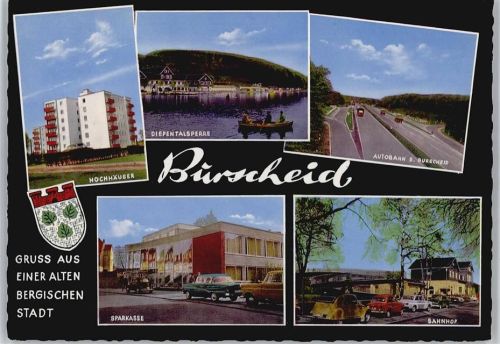 51399 W5093 Burscheid , Rheinl - Autobahn, Sparkasse, Bahnhof, Diepentalsperre