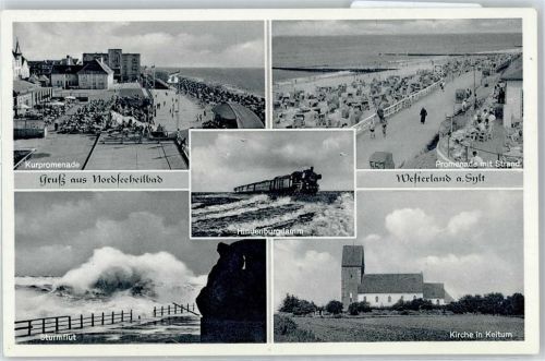 Westerland Kurpromenade, Strand, Sturmflut, Hindenburgdamm, Eisenbahn, Kirche in Keitum