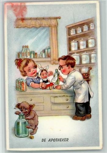 Der Apotheker - Mädchen mit kranker Puppe 1958 AK beschnitten