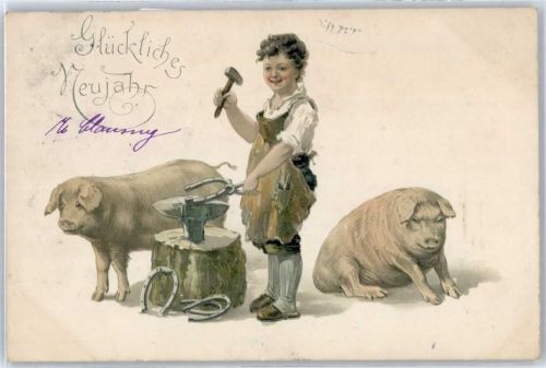 Hufeisen , Neujahr, Schwein Schmied Lithographie