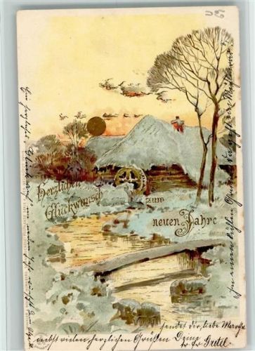 Verlag Winkler - Sonnenschein Postkarte Serie X - Litho Winter, Wassermühle, Neujahr 1900 AK