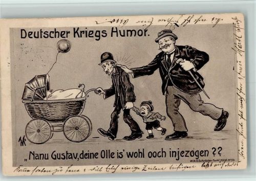 Deutscher Kriegs Humor , Mann schiebt einen Kinderwagen - Ist deene Olle och eingezogen? sign Willi Scheuermann