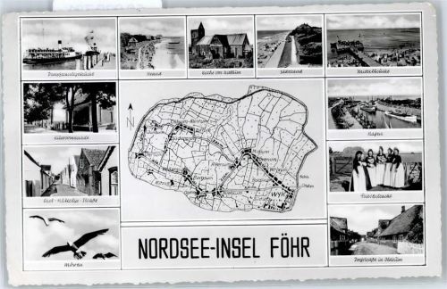 Föhr Dampferanlegestelle, Strand, Kurpromenade, Kirche, Mittelbrücke, Hafen, Tracht, Karte