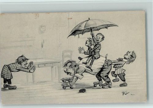 Serie 3054-6 AK Vater auf Rollschuhen, Kinder spielen, Knackstedt & Näther