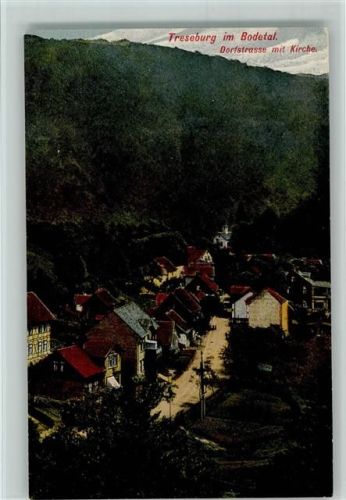 Treseburg Dorfstrasse mit Kirche