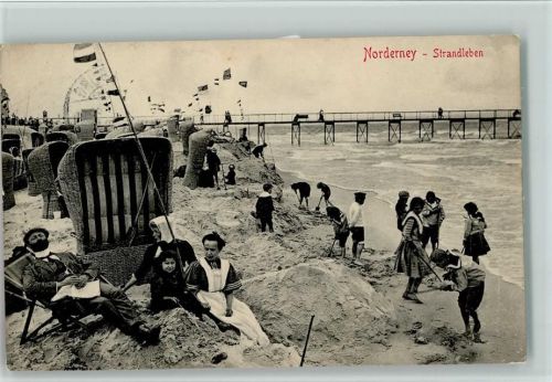 Norderney 1910 Strandleben Strandkörbe Seesteg