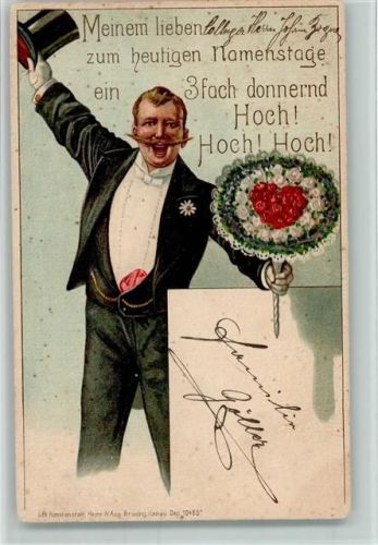 1902 Verlag Brüning 10465 - Mann mit Frack und Zylinder mit Blumenstrauß und ein Herz darin AK Stockflecken