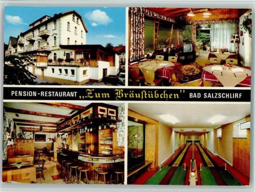 Bad Salzschlirf Pension Restaurant Zum Bräustübchen Innenaufnahme Gastraum Fernseher Theke Kegelbahn 4-Bildaufnahme