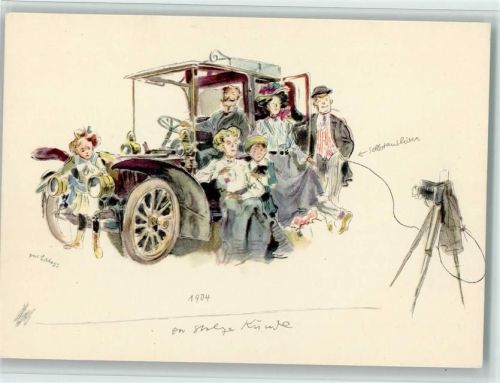Mercedes mit Familie und Fotoapparat Gruss sign.