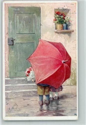 1933 BKW Serie 496-2 Kinder unter einem Regenschirm AK
