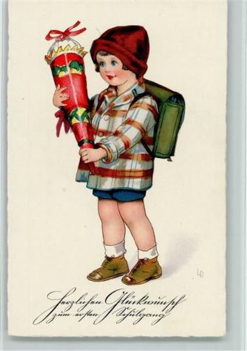 sign Lia Döring - Mädchen mit Schultüte und Ranzen AK