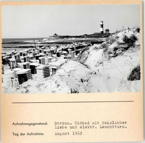 Borkum Südbad mit Heimlicher Liebe und elektrischem Leuchtturm Foto montiert auf Karton