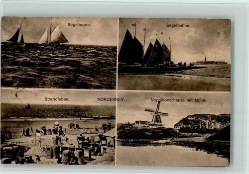 Norderney Segelboote Segelbuhne Strandleben Strandkörbe Napoleonschanze mit Mühle 4-Bildaufnahme
