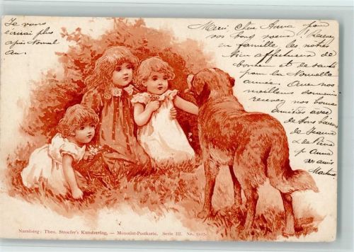 1898 Kinder spielen mit Hund Monotint-Karte