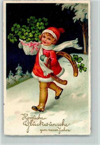 Neujahr - Mädchen trägt ein großes Hufeisen 1933 AK