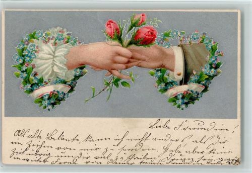 1905 Hände reichen sich, Rosen, Vergissmeinnicht , passepartout