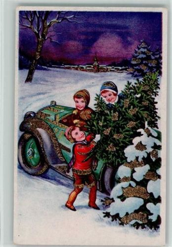 1929 Kinder mit einem Tannenbaum im Auto AK