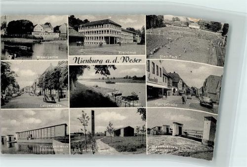 31582 W3070 Nienburg (Weser) - Werserpartie Langestraße Wassersperrwerk Schlüsselburg Kreishaus Weser St. Michael Kirche Stadtbad Georgstraße Wassersperrwerk Drakenburg Mehrfachaufnahme