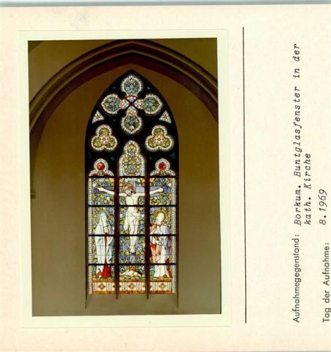Borkum Buntglasfenster in der Kath. Kirche Foto montiert auf Karton