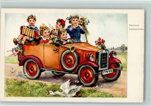 1930 Verlag Hairing Nr. 4487 - Ziehharmonika, Kinder im Auto, Heureux Anniversdaire AK
