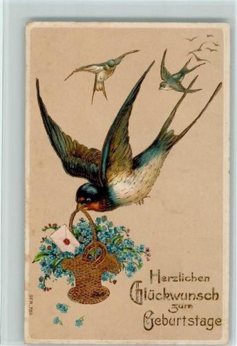 1909 Geburtstag - Schwalbe hat einen Korb mit Vergissmeinnicht im Schnabel AK