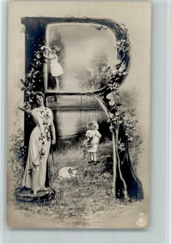 1902 NPG Serie 195 - Buchstabe R, Kinder und Frau im Jugendstil AK