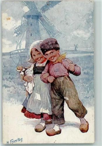1920 Verlag BKW Serie 922-4 Hollandkinder Puppe Holzschuhe