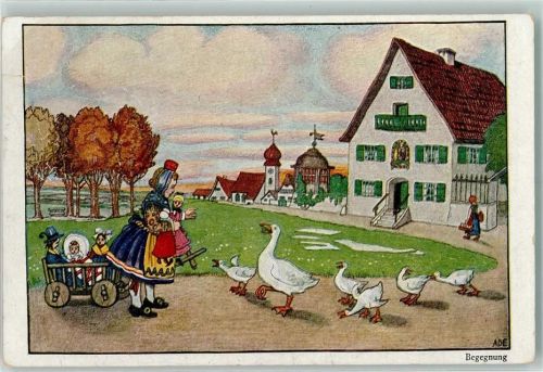 1919 Begegnung mit Gänse , Mädchen in Schwälmer Tracht mit Puppen AK
