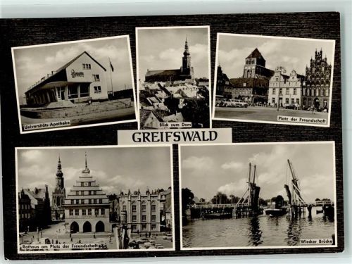 Greifswald Universitäts-Apotheke Blick zum Dom Platz der Freundschaft Rathaus am Platz der Freundschaft Wiecker Brücke