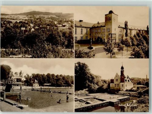 Rodewisch Pestalozzi-Schule Schwimmbad Schloß mit Café Rückseite mit Abschürfungen bzw Kleberesten