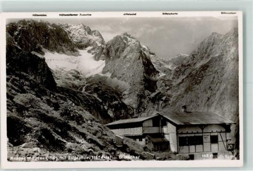 Garmisch-Partenkirchen Knappenhäuser mit Zugspitze Höllental Gletscher DeutscheHeimatbilder Rückseite mit Abschürfungen bzw Kleberesten