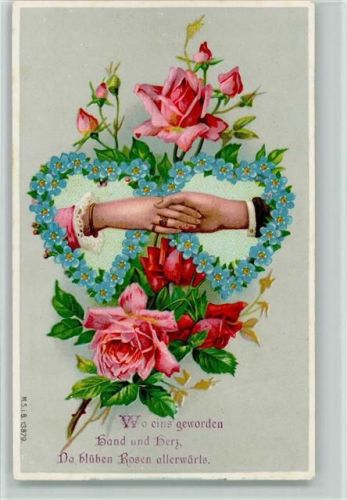1919 Hände reichen sich, Herz aus Blüten, Rosen, Vergissmeinnicht , Poesie AK
