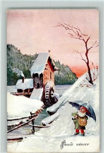 1909 Verlag BKW Serie 2606-5 Neujahr - Zwerg mit einem Regenschirm, Wassermühle im Winter