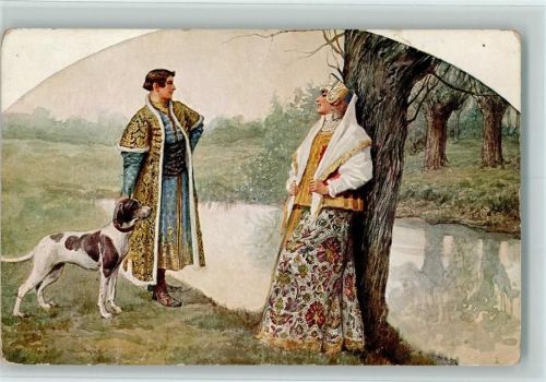 Frau und Mann in Tracht mit Münsterländer S.Solomko