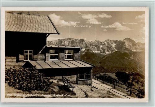 Wankhaus Wankhaus mit Wettersteinwand WEttersteinkopf Oefelekopf Musterstein Dreitorspitze Hüttenstempel
