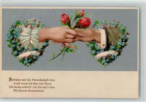 Hände reichen sich - Vergissmeinnicht und Rosen, Spruch AK