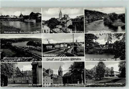 Werden Ruhrpartie mit Bootsanlegestelle Abteikirche Brehminsel mit Platte Baldeneysee mit Stauwehr und Villa Hügel Ruhrbrücke Alt-WerdenFolkwangschule Jugendherberge Pastoratsberg