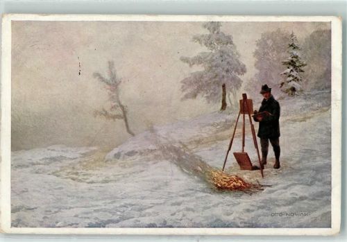 Wiener Kunst sign. Otto Nowak Der Landschaftsmaler Lagerfeuer Winter Staffelei