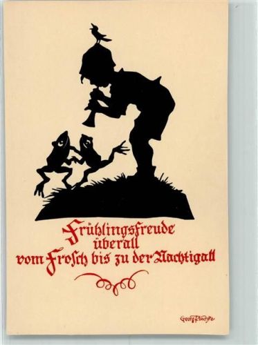 Scherenschnitt Junge mit Trompete Frösche sign. Plischke Georg