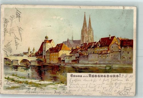 Regensburg 1899 Dom Donaubrücke sign. Künstlerkarte
