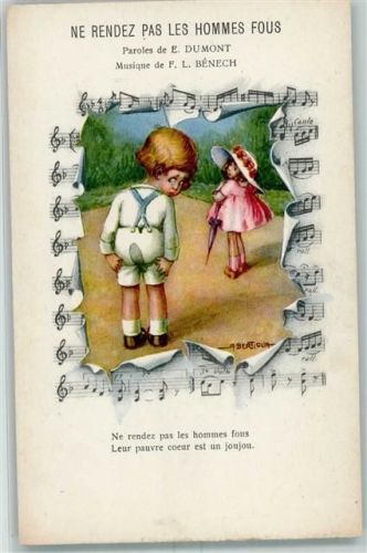 aufgebrochene Papierwand Noten Kind - Liederkarte Ne Rendez pas les hommes fous AK Bertiglia, A.