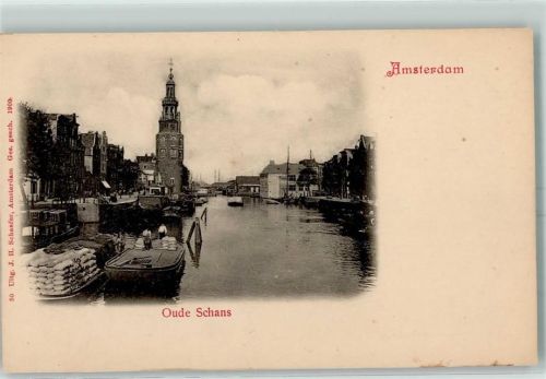 Amsterdam Oude Schans Montelbaansturm Frachtschiffe