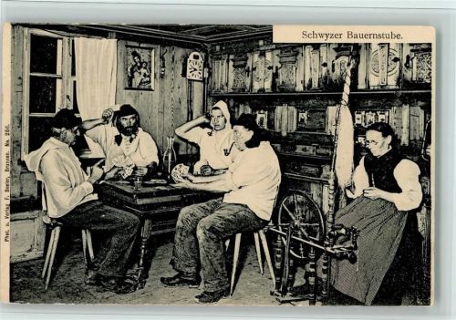 Schwyzer Bauernstube - Spinnerin am Spinnrad - Bäuerliches Leben, gute Erhaltung - Verlag Beeler Nr. 256 AK