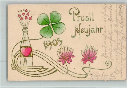 Neujahr 1905 Glücksklee Flasche Jugendstil Seerose